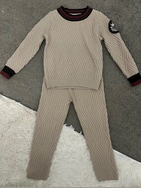 Charlotte&George Cable Knit Two-Piece Sweater Set in Taupe with Burgundy Trim